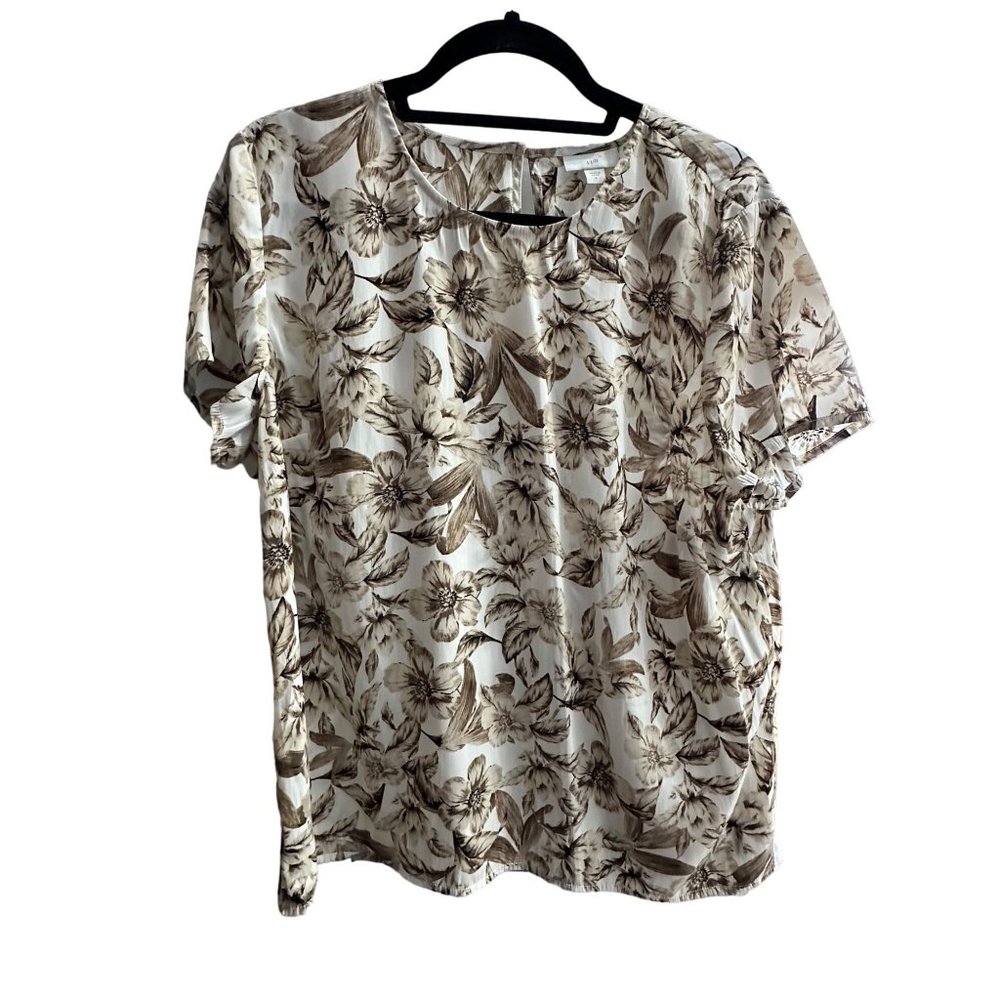 J. Jill size L short sleeve brown floral print keyhole back blouse top